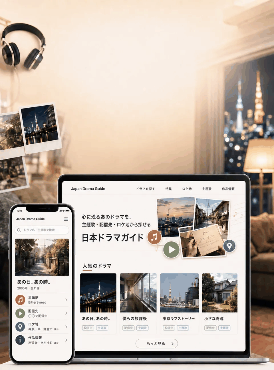 日本ドラマの主題歌・配信先・ロケ地をまとめたスマホ画面のイメージ
